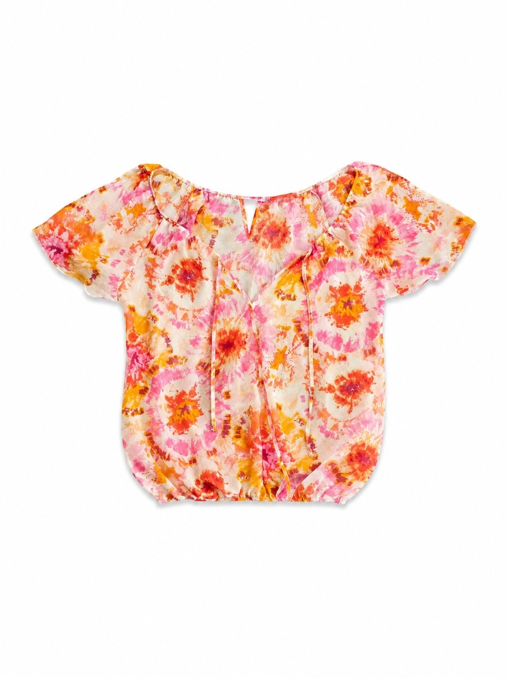 Spoiled Pink & Orange Tie-Dye Floral Sheer Blouse, Size Medium